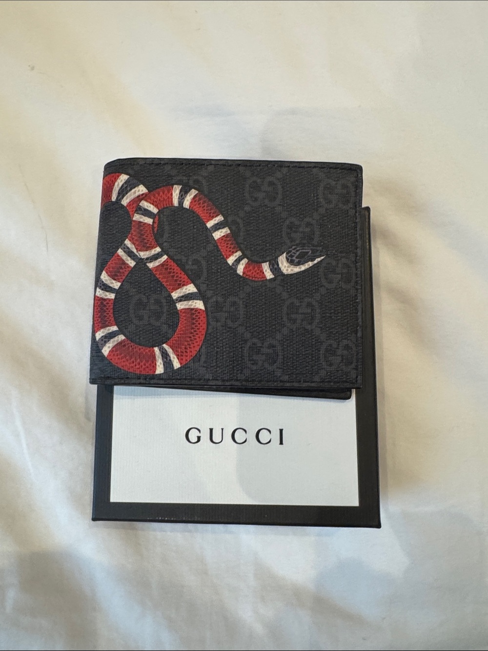 Gucci Black GG Canvas Wallet with Red & White Snake